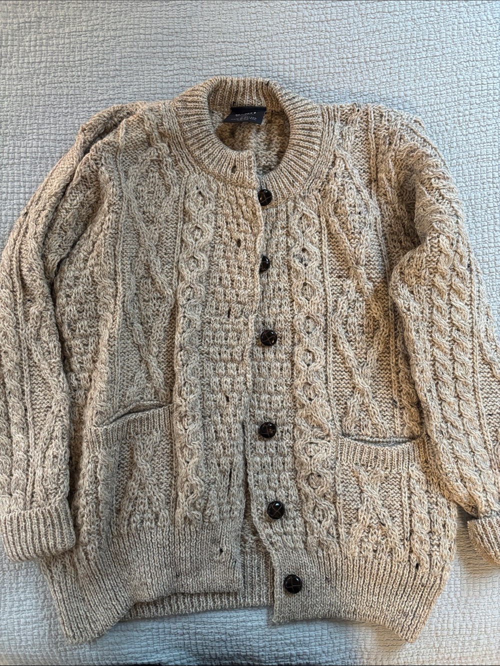 Women's Cable Knit Button-Up Cardigan Sweater - Cream/Brown